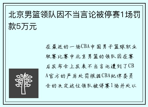北京男篮领队因不当言论被停赛1场罚款5万元